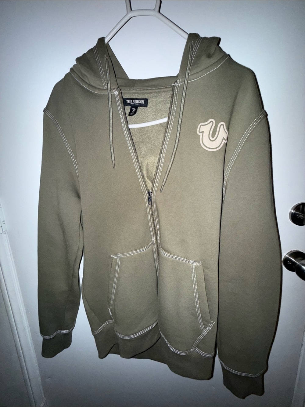 True Religion Olive Zip-Up Hoodie with Contrast Stitching